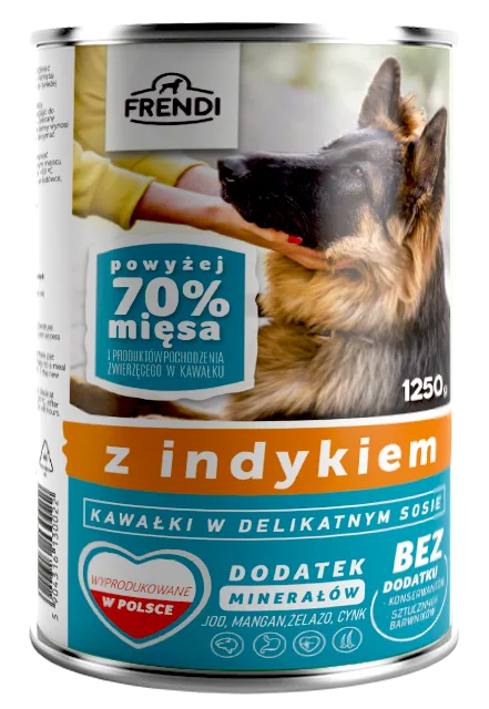 Karma mokra Frendi Kawałki w Delikatnym Sosie z Indykiem dla psów dorosłych 1250 g