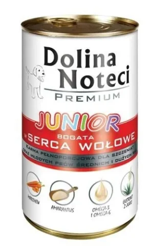 Karma mokra Dolina Noteci Premium Junior z sercami wołowymi dla szczeniąt średnich i