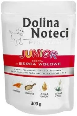 Karma mokra Dolina Noteci Premium Junior Bogata w Serca Wołowe dla szczeniąt i młodych