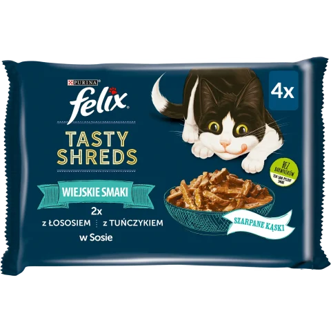 Karma mokra Felix Tasty Shreds dla dorosłych kotów Łosoś i tuńczyk w sosie 4x80 g