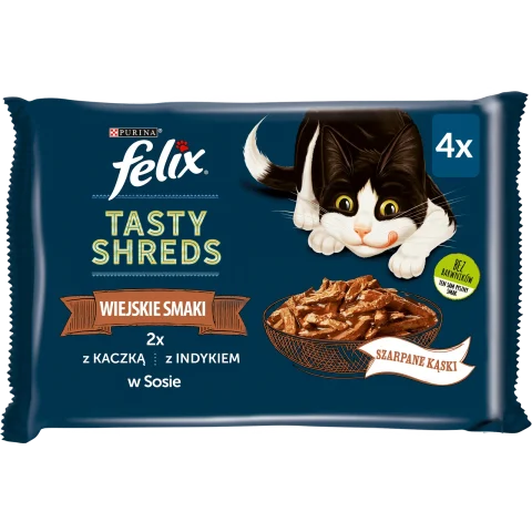 Karma mokra Felix Tasty Shreds dla dorosłych kotów Kaczka i indyk w sosie 4x80 g
