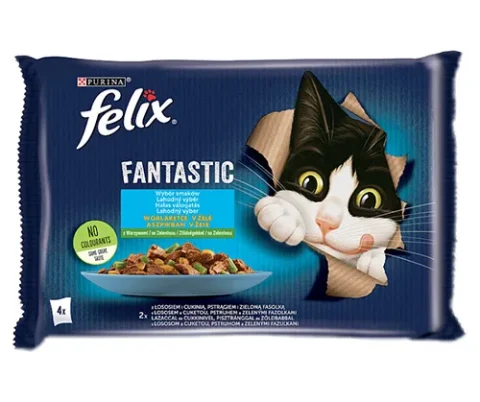 Karma mokra Felix Fantastic Wiejskie Smaki dla dorosłych kotów Łosoś i pstrąg 4x85 g