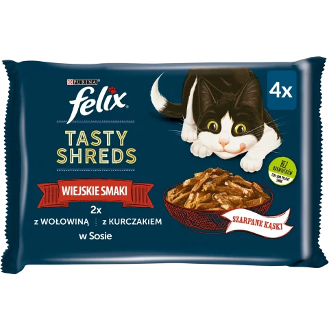 Karma mokra Felix Tasty Shreds Wiejskie Smaki w Sosie dla dorosłych kotów Wołowina i