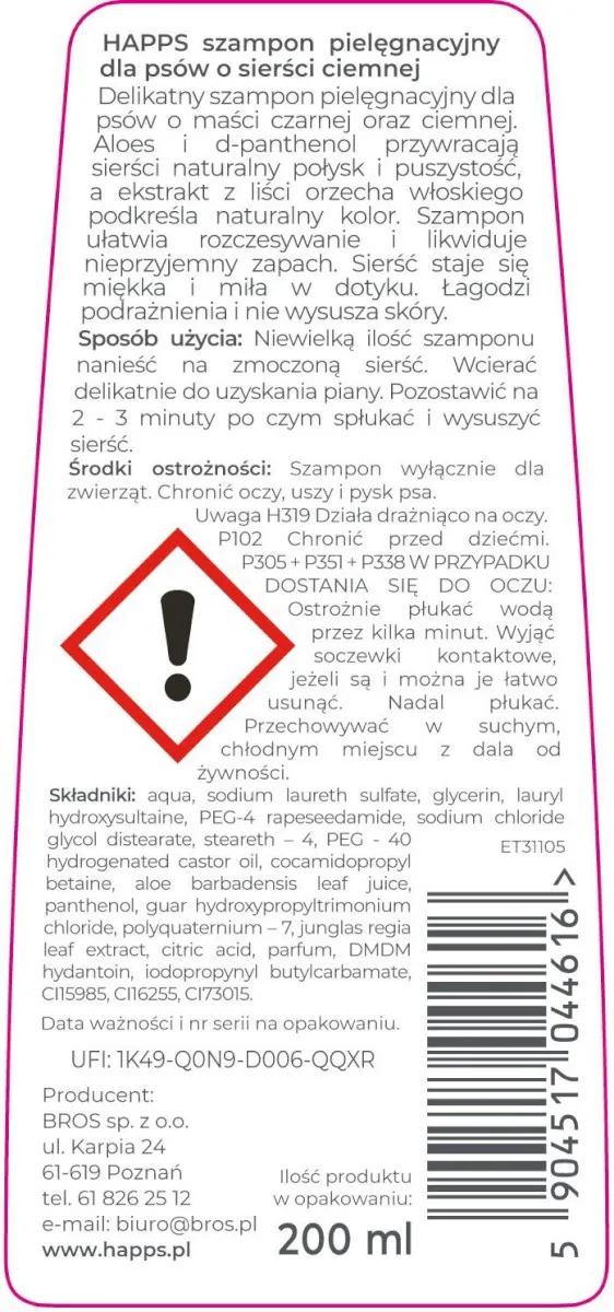 Higiena Bros Happs Szampon Pielęgnacyjny Dla Psów O Sierści Ciemnej 200 ml — widok 2