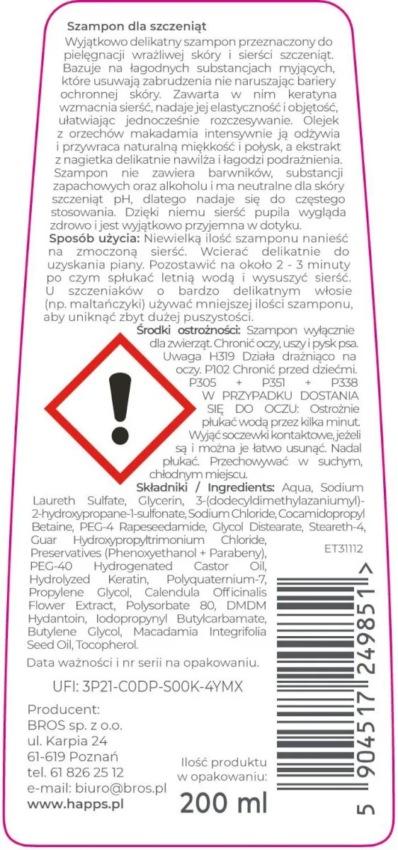 Higiena Bros Happs Szampon Pielęgnacyjny Dla Szczeniąt 200 ml — widok 3
