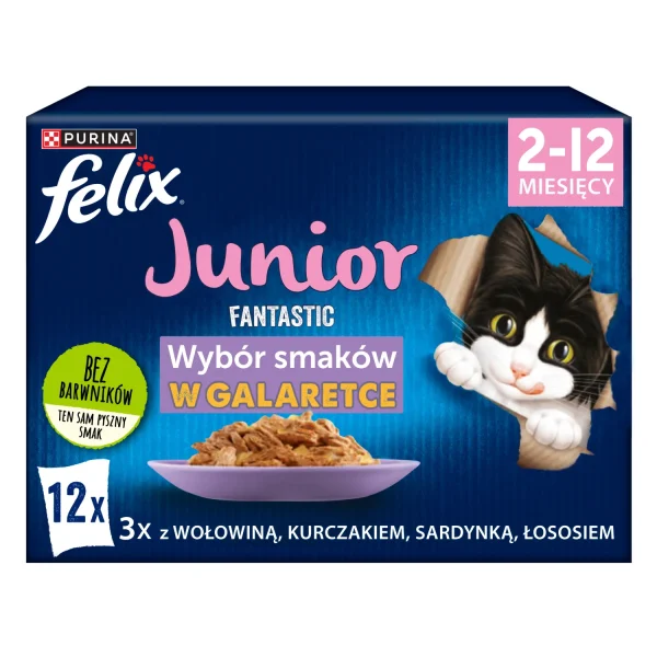 Karma mokra Felix Fantastic Junior dla kociąt Wołowina, Kurczak, Łosoś, Sardynka 12x85 g — widok 10